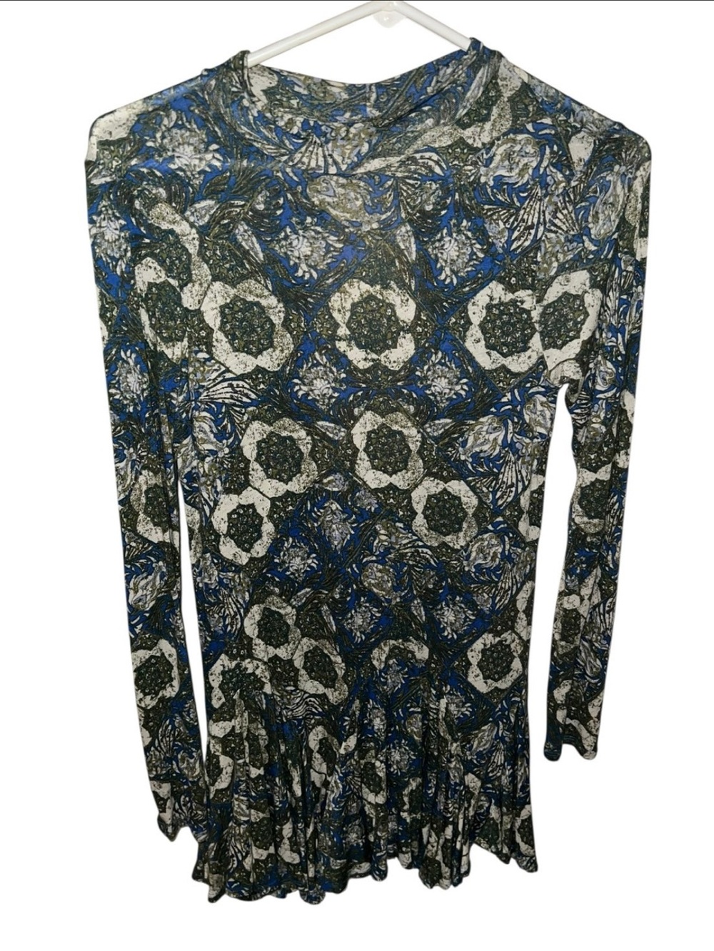 Free People Long Sleeve Floral Mosaic Mini Dress in Blue, Black, and White S